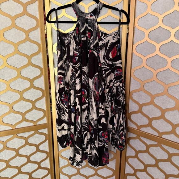 Free People Size M Halter Black Abstract Driftaway Cold Shoulder Tunic Top Dress - Picture 9 of 15